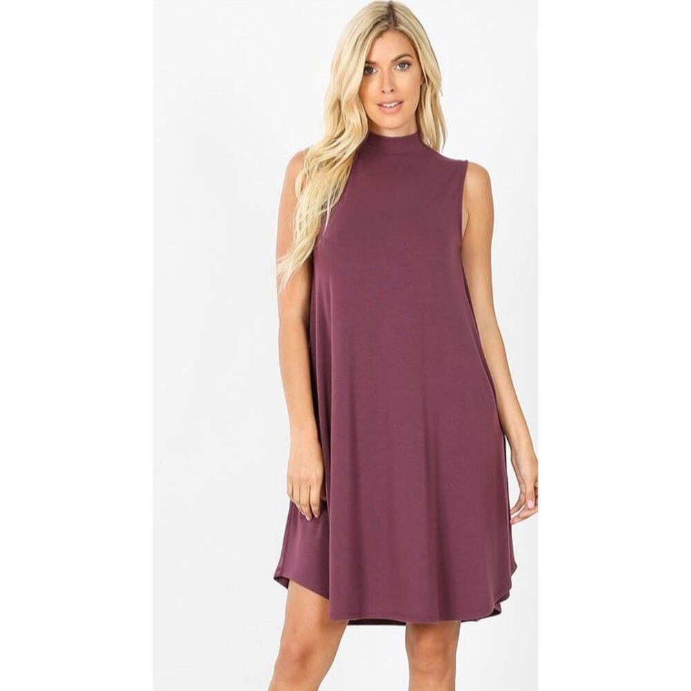 Mock Neck Dress With Pockets (Purple, Green )